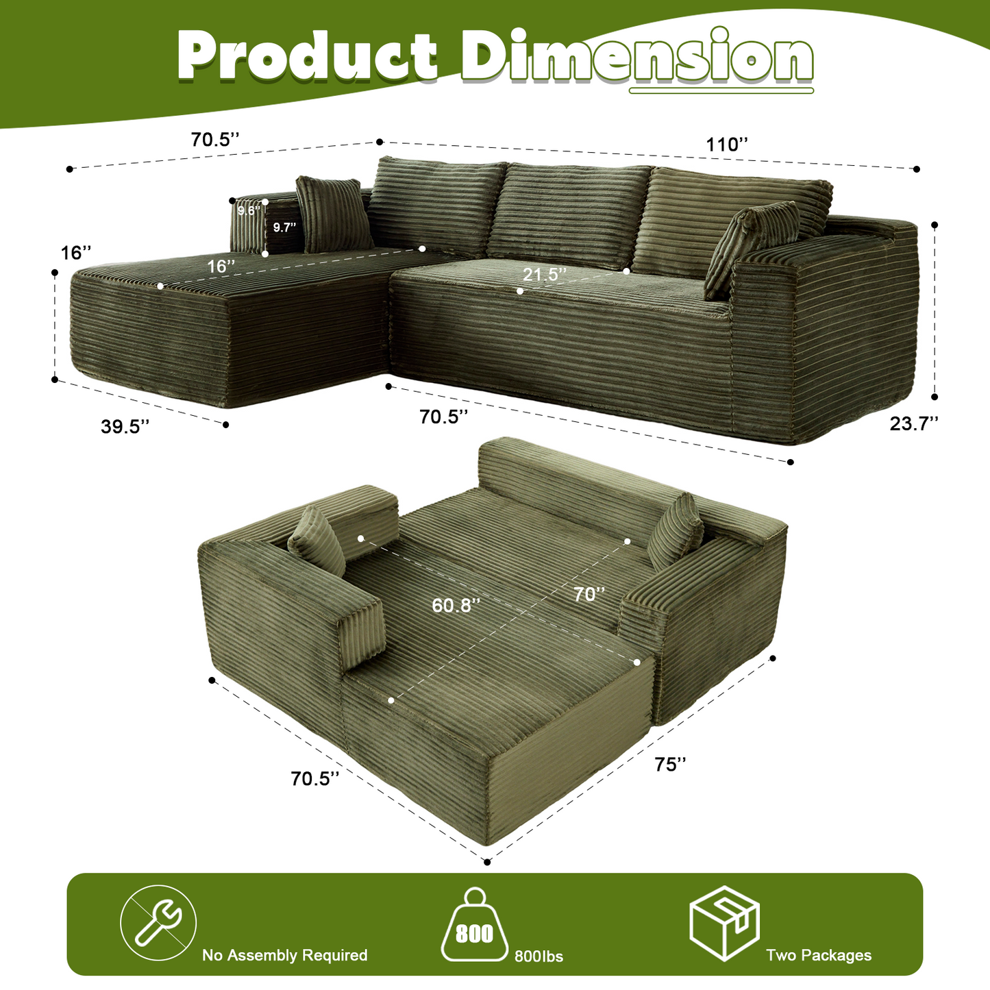 Modular L-Shaped Corduroy Sectional Sofa with Chaise – Green