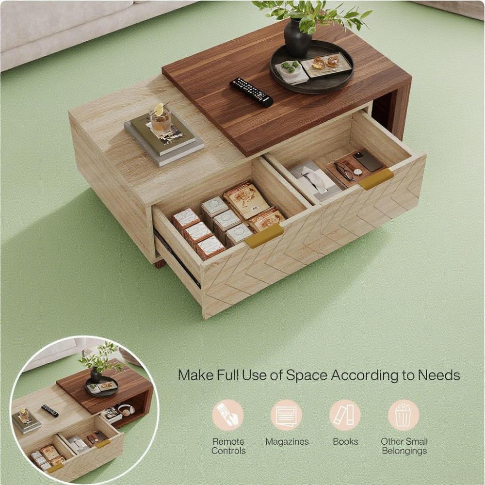 Walnut & Oak Expandable Coffee Table – V-Groove Drawers + Brass Pulls