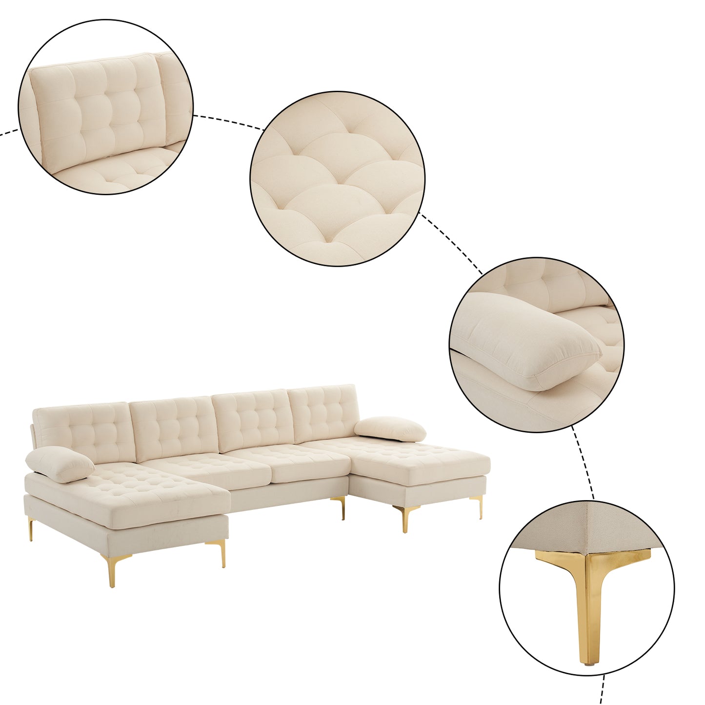U-Shaped Sectional Sofa – Soft Armrest & Backrest, Wooden & Iron Frame with Gold Legs, Beige Upholstery