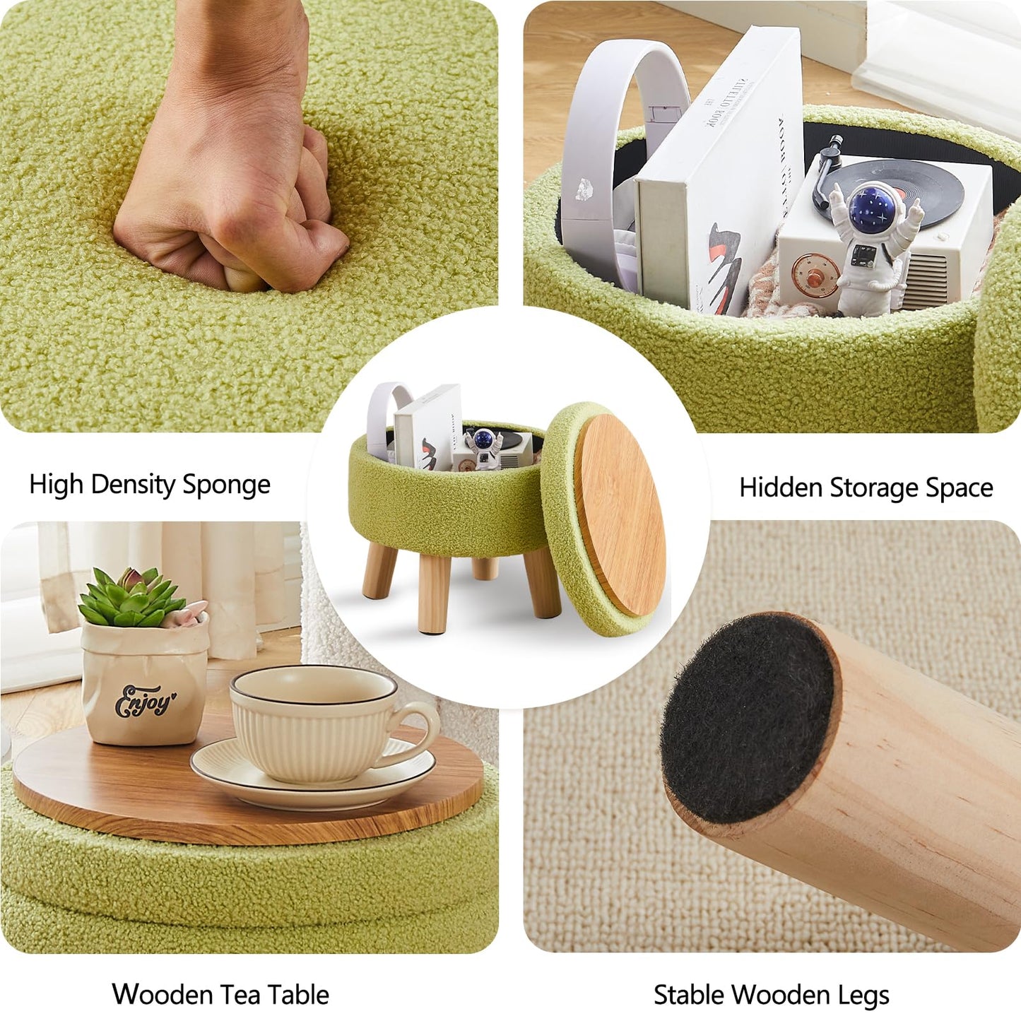 Round Storage Ottoman, Teddy Velvet Footrest with Wood Legs for Living Room, Green