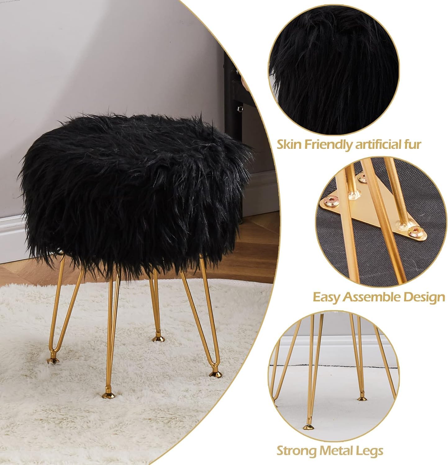 Faux Fur Ottoman Stool with Marble Tray, Footrest & Storage, Black Vanity Seat