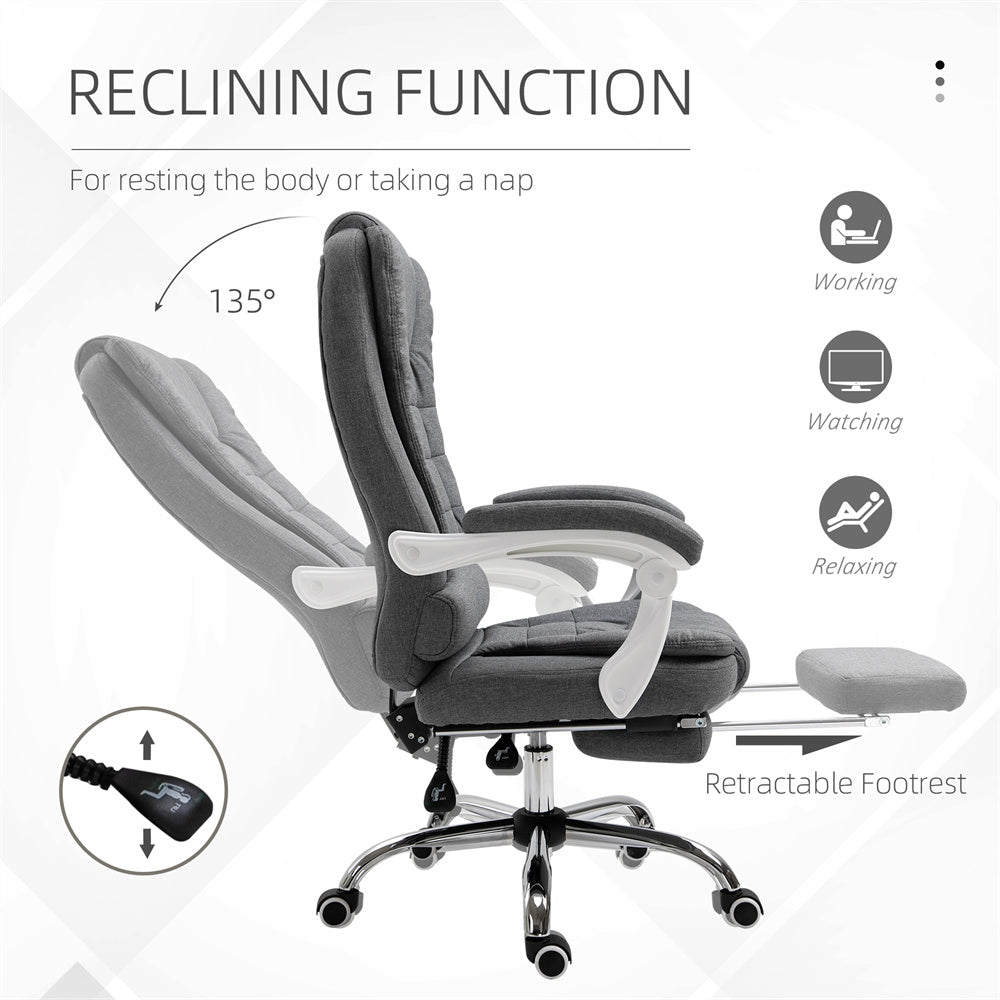 Pebble Grey High-Back Reclining Office Chair with Footrest & Linen Upholstery