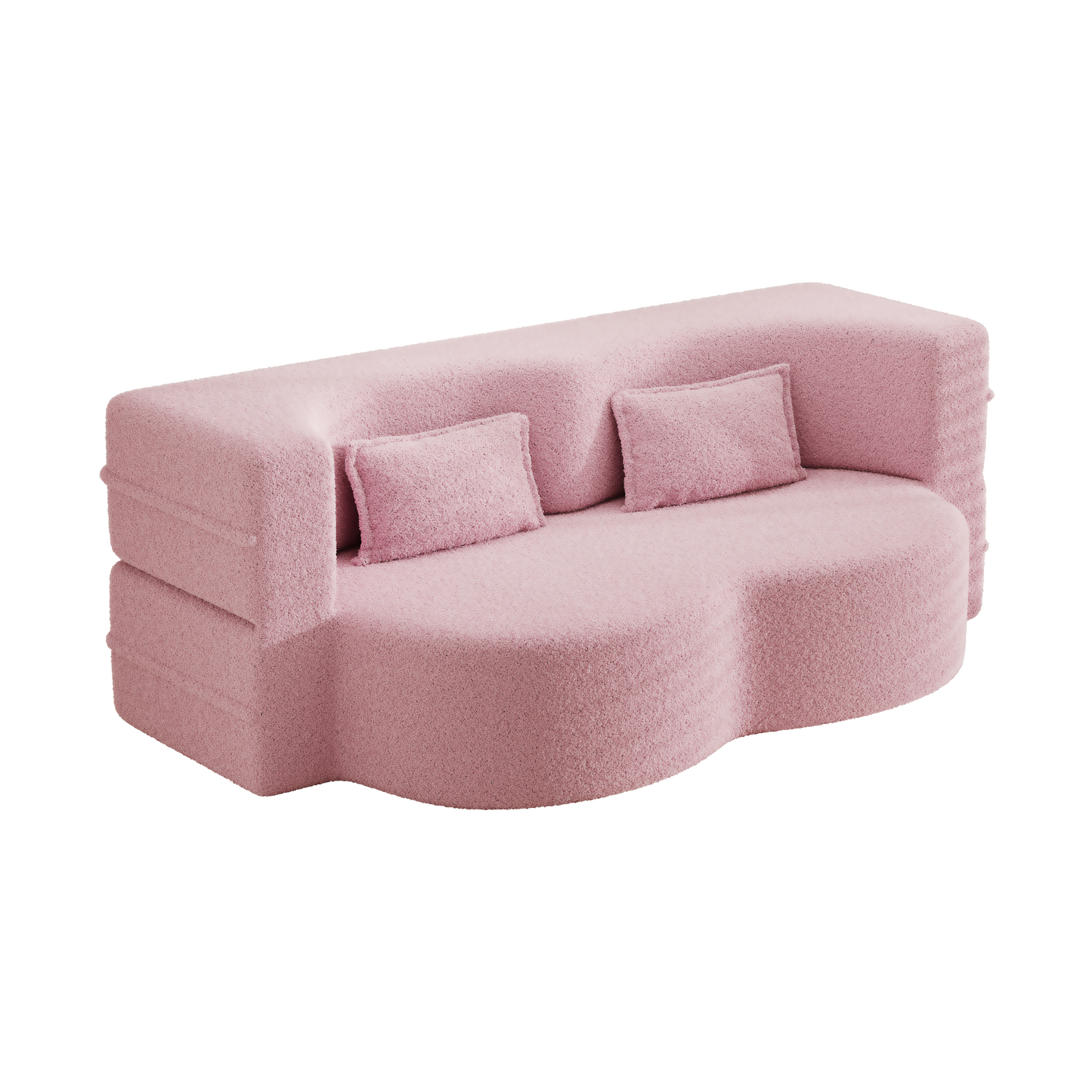 Modern Pink Teddy Fabric Floor Sofa Bed with 2 Pillows – Convertible & Space-Saving