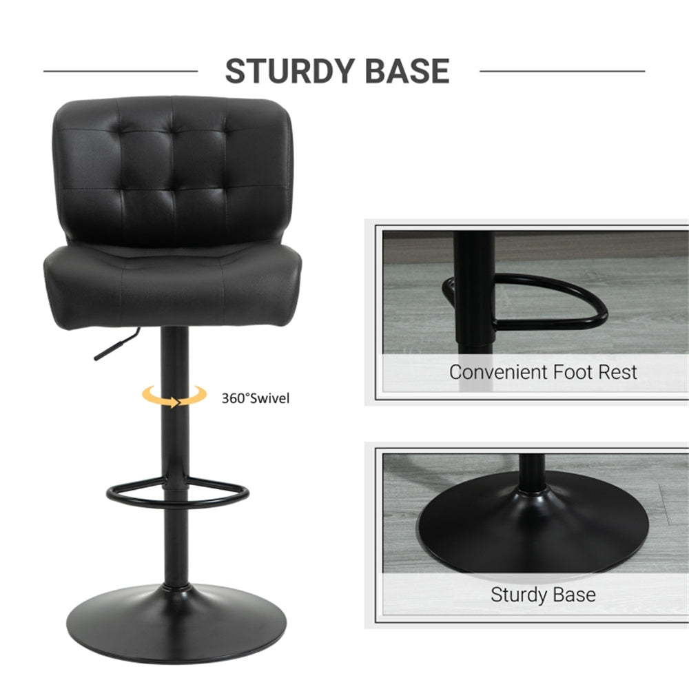 Set of 2 Adjustable Black Bar Stools with Swivel Seats & Tufted Backrest