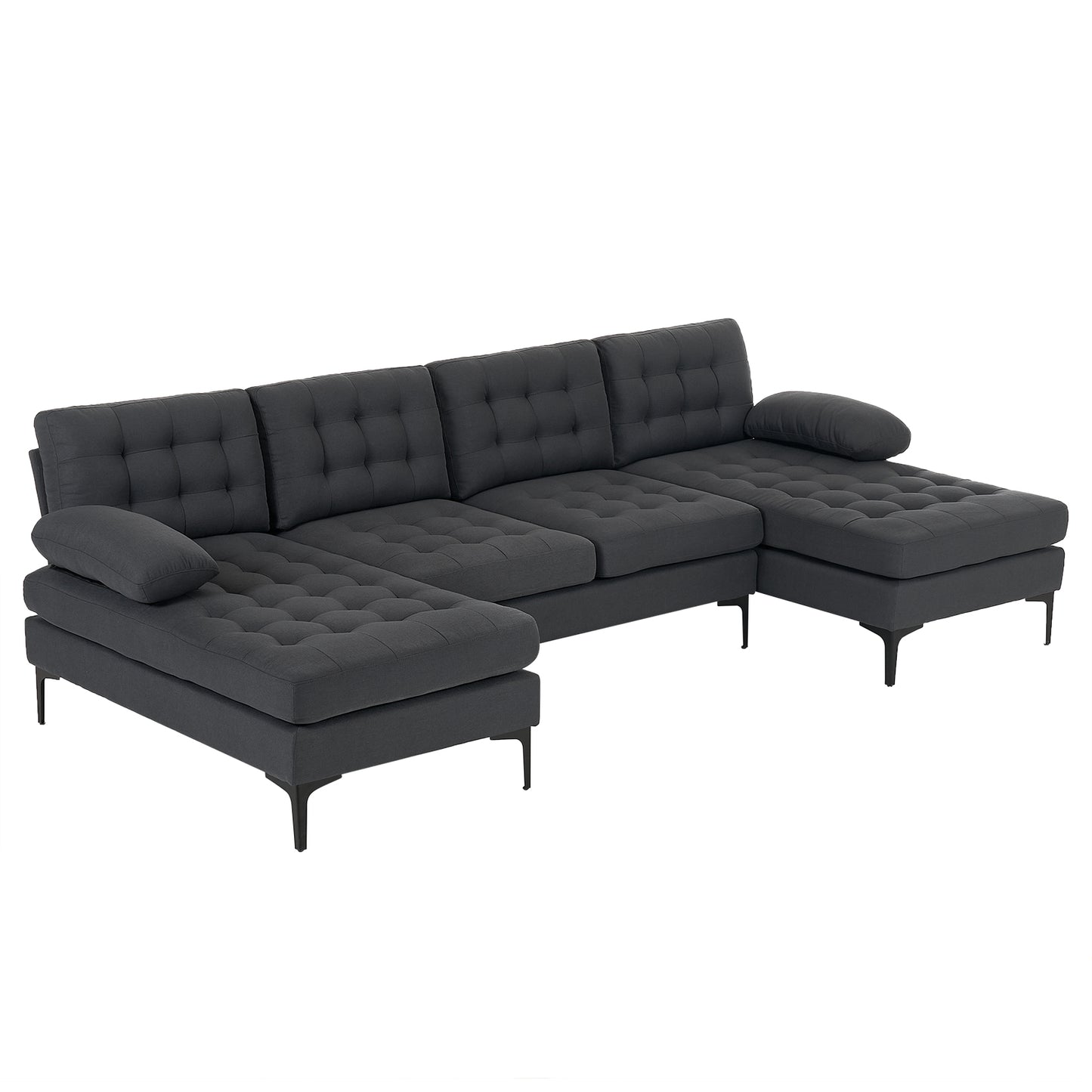 U-Shaped Sectional Sofa – Dark Gray Upholstery, Wooden & Iron Frame with Black L