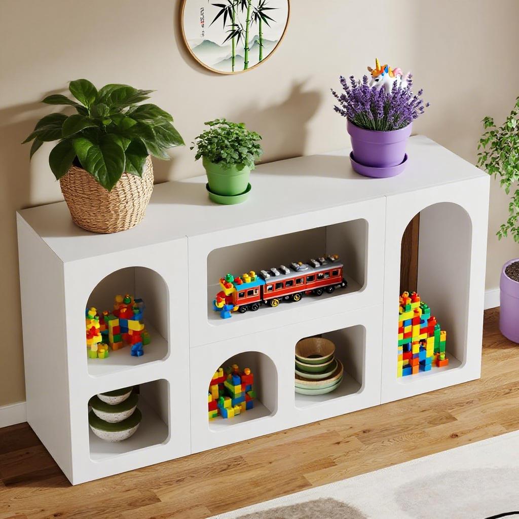 Modern White 6-Compartment Long Console Table – Elegant Storage & Display Unit