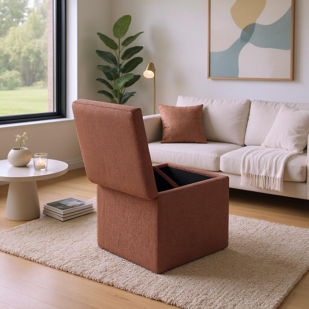 Brown Corduroy Storage Ottoman with Hidden Compartment – 16.5” Cube Seat