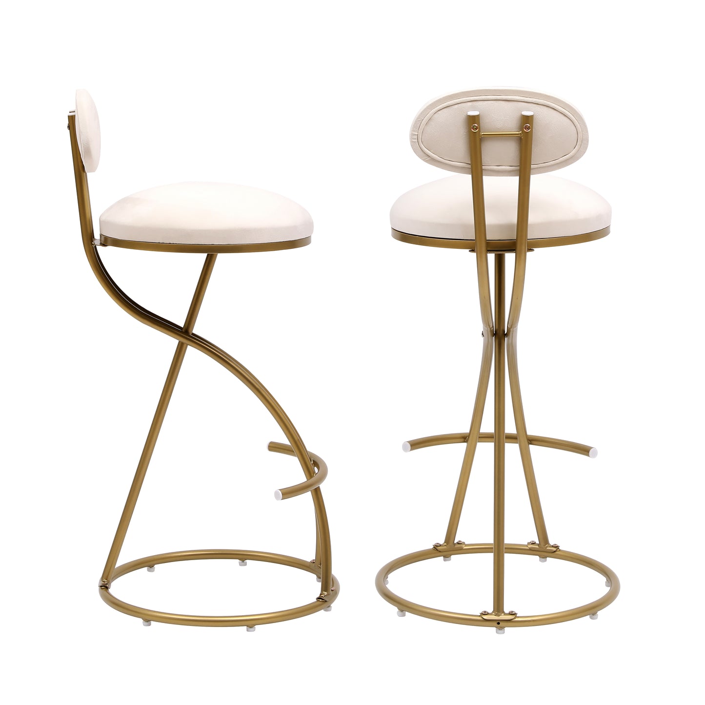 Set of 2 Velvet Round Bar Stools with Back – Gold & Cream Upholstered Counter Chairs