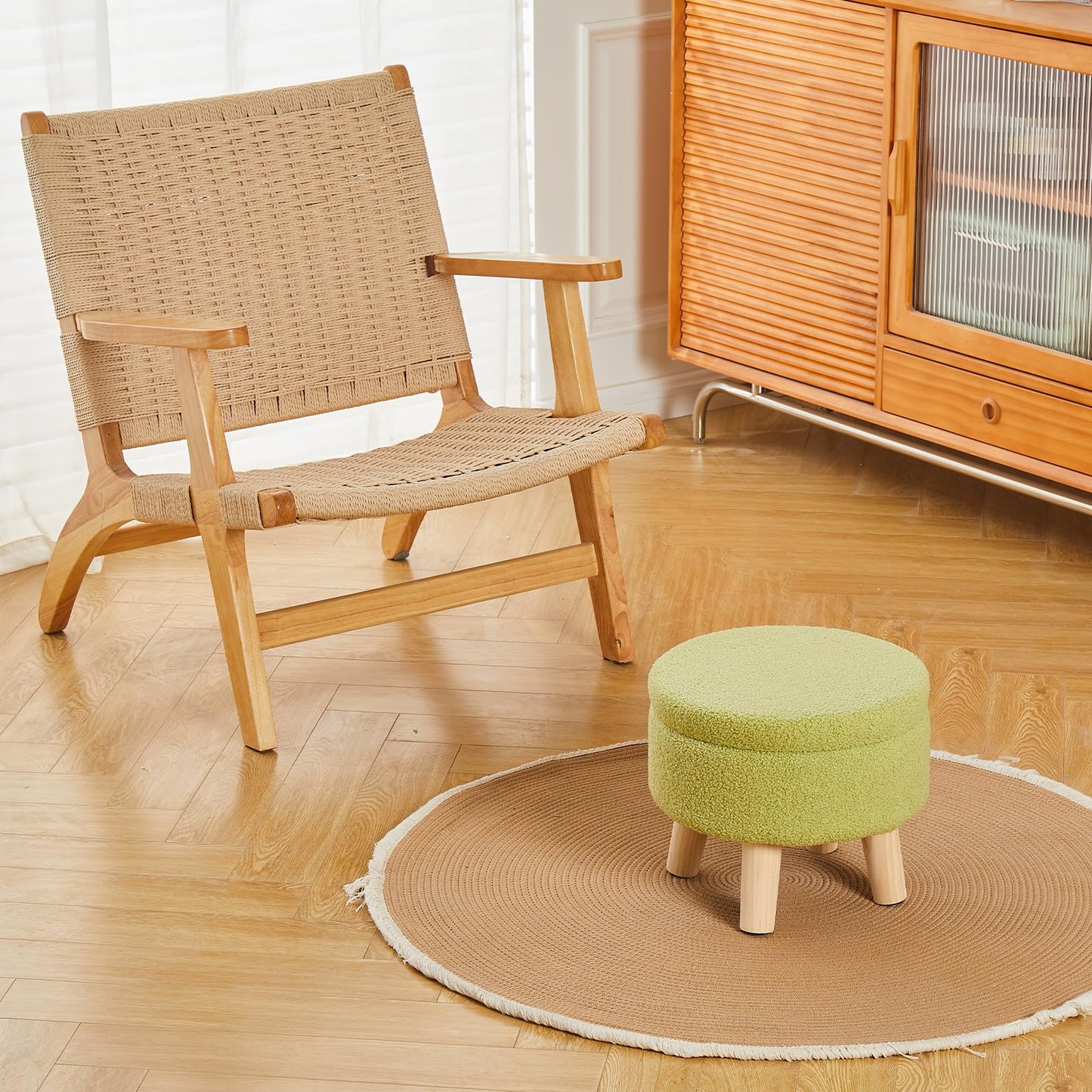 Round Storage Ottoman, Teddy Velvet Footrest with Wood Legs for Living Room, Green
