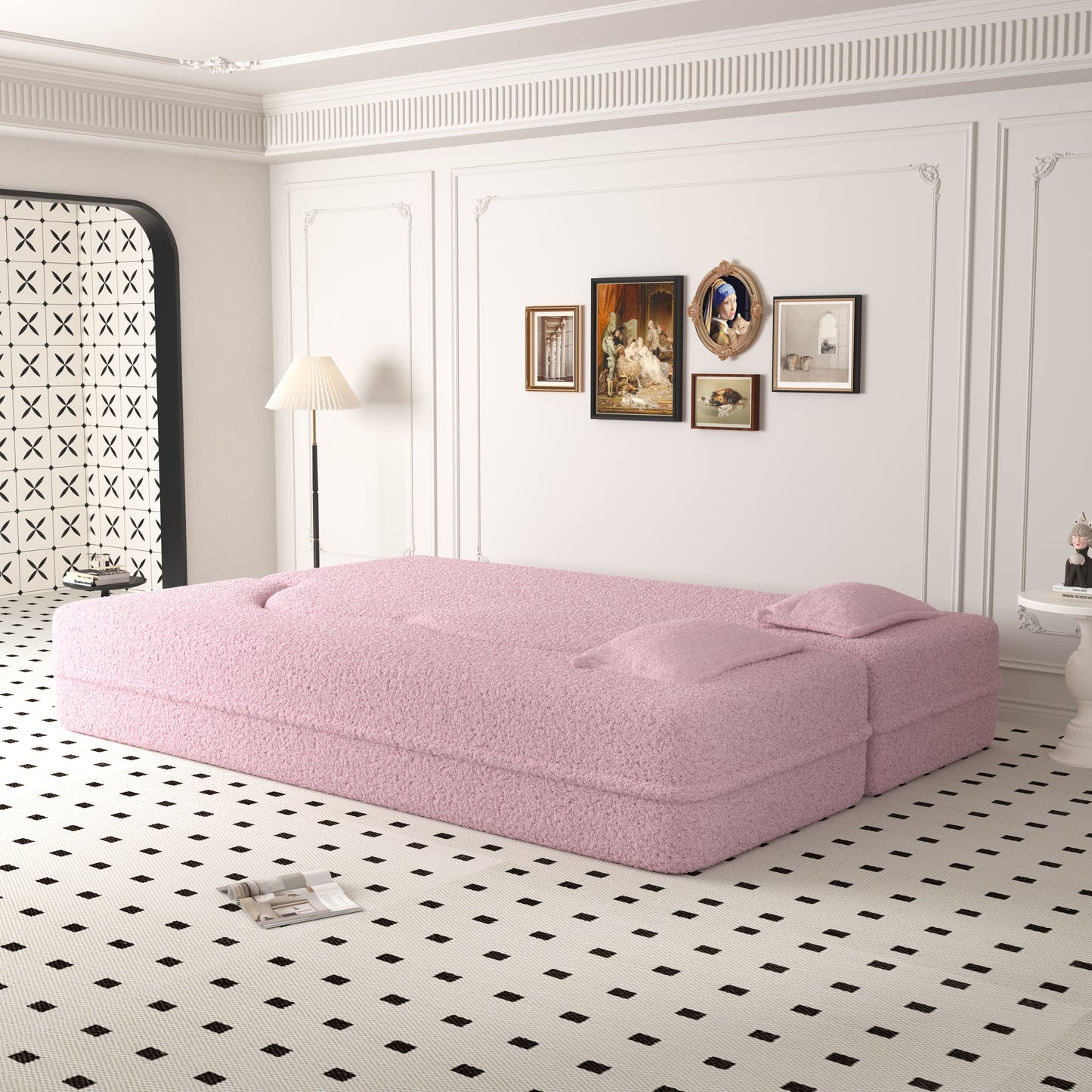 Modern Pink Teddy Fabric Floor Sofa Bed with 2 Pillows – Convertible & Space-Saving