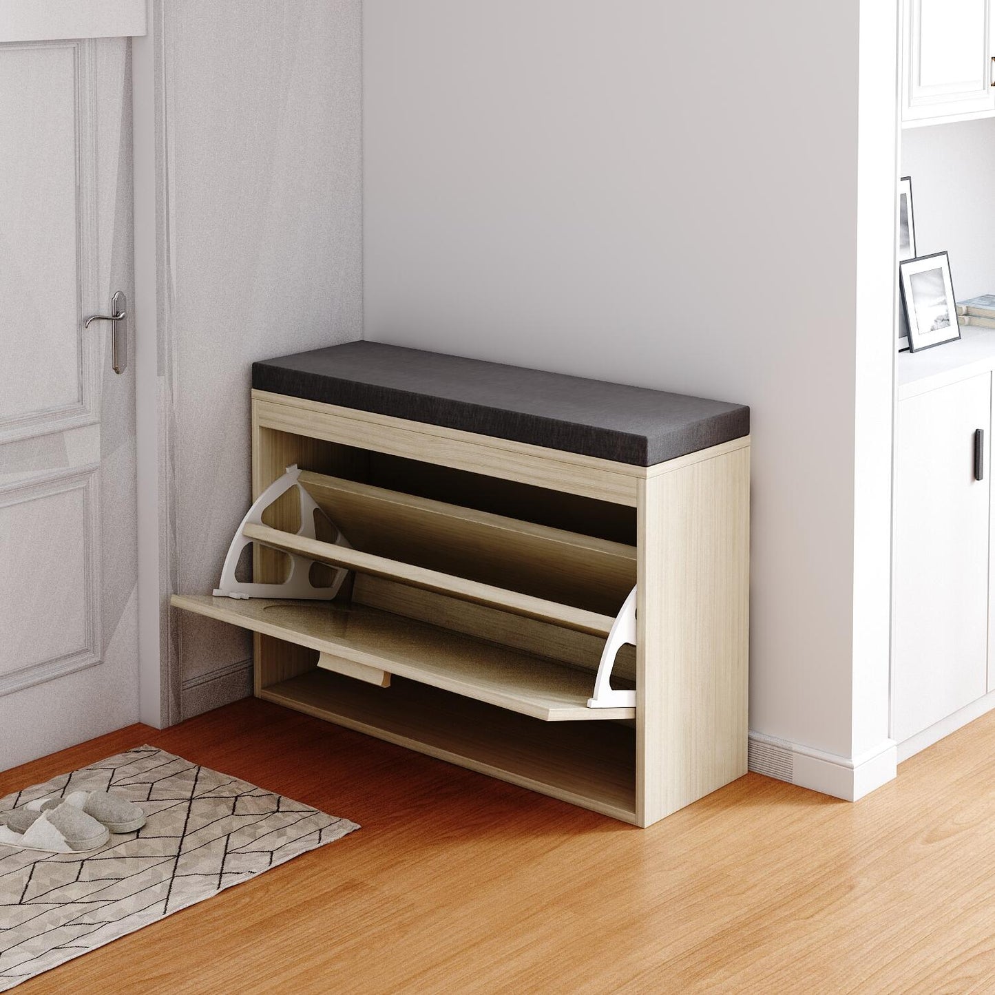Rattan Shoe Cabinet Bench with Flip Drawer & Cushion for Hallway Storage