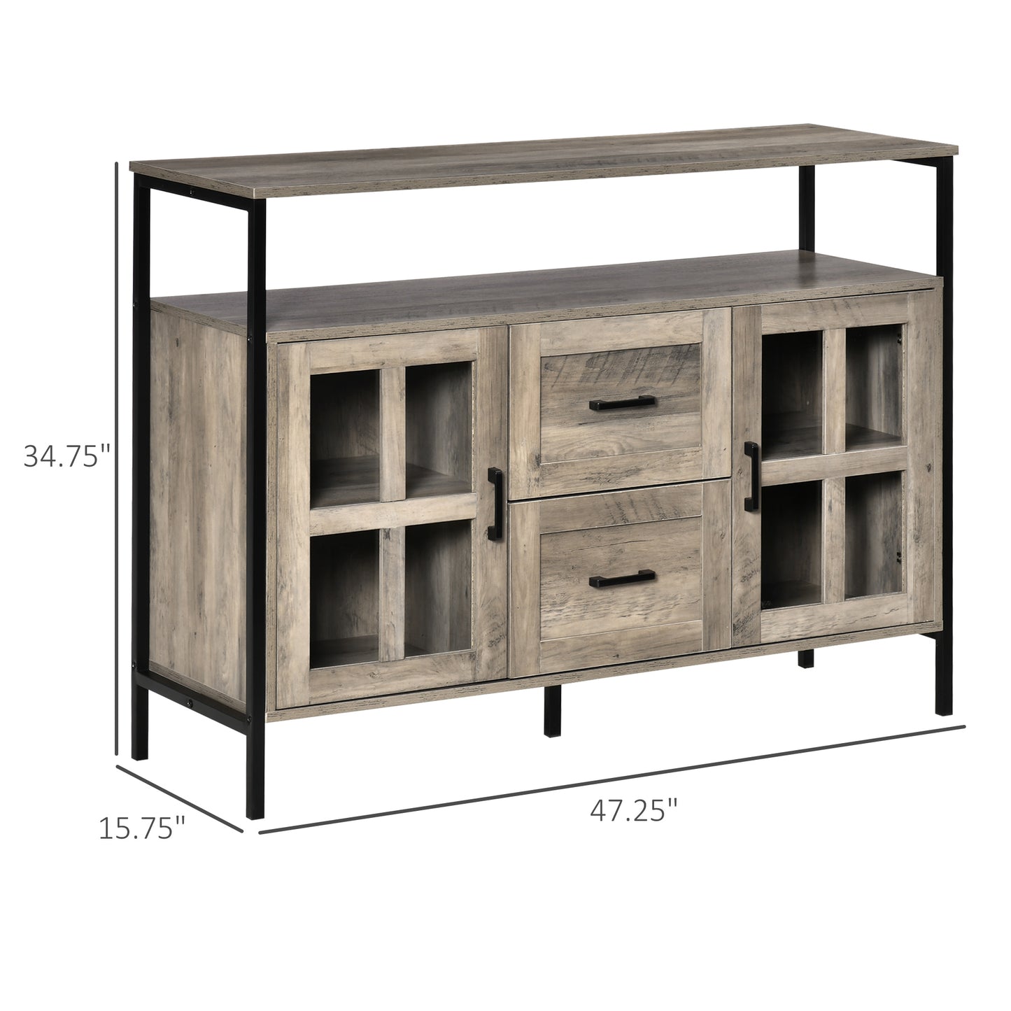 47" Industrial Gray Sideboard with Cabinets, Drawers & Open Shelf Storage