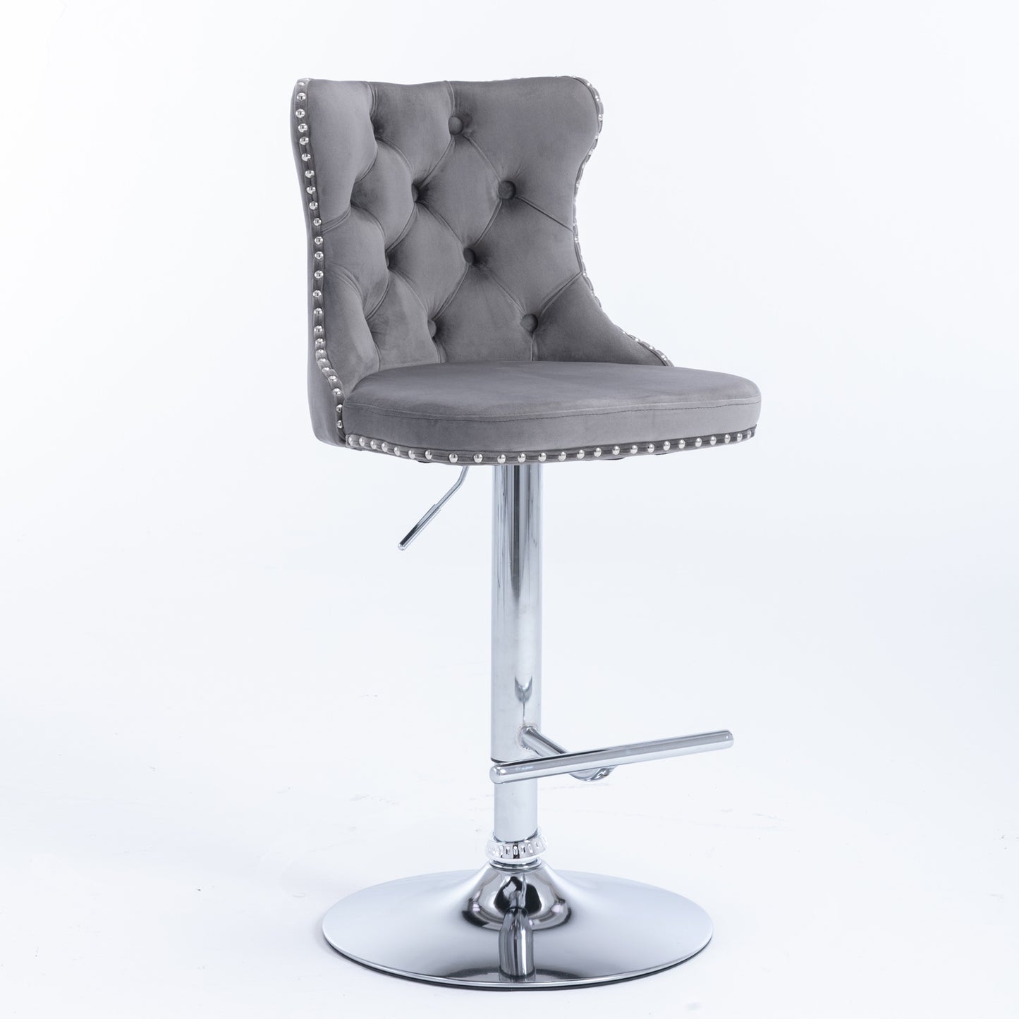 Set of 2 Gray Velvet Swivel Barstools, Adjustable Height 25–33", with Backs