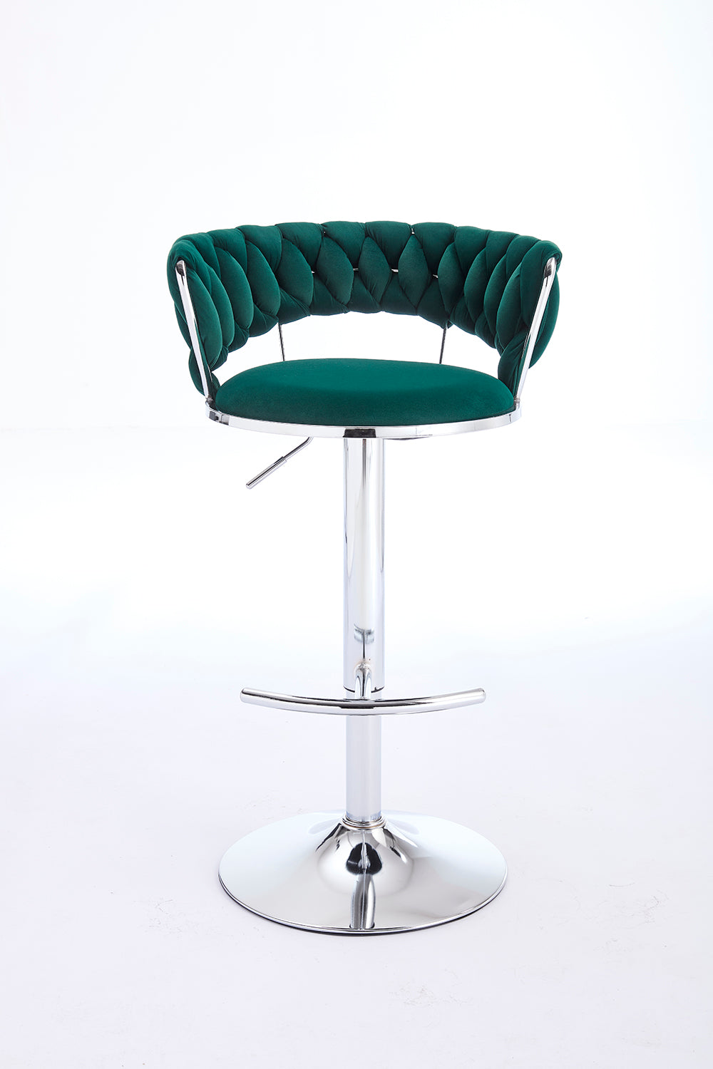 Set of 2 Green Velvet Bar Stools with Chrome Base & Swivel Adjustable Height
