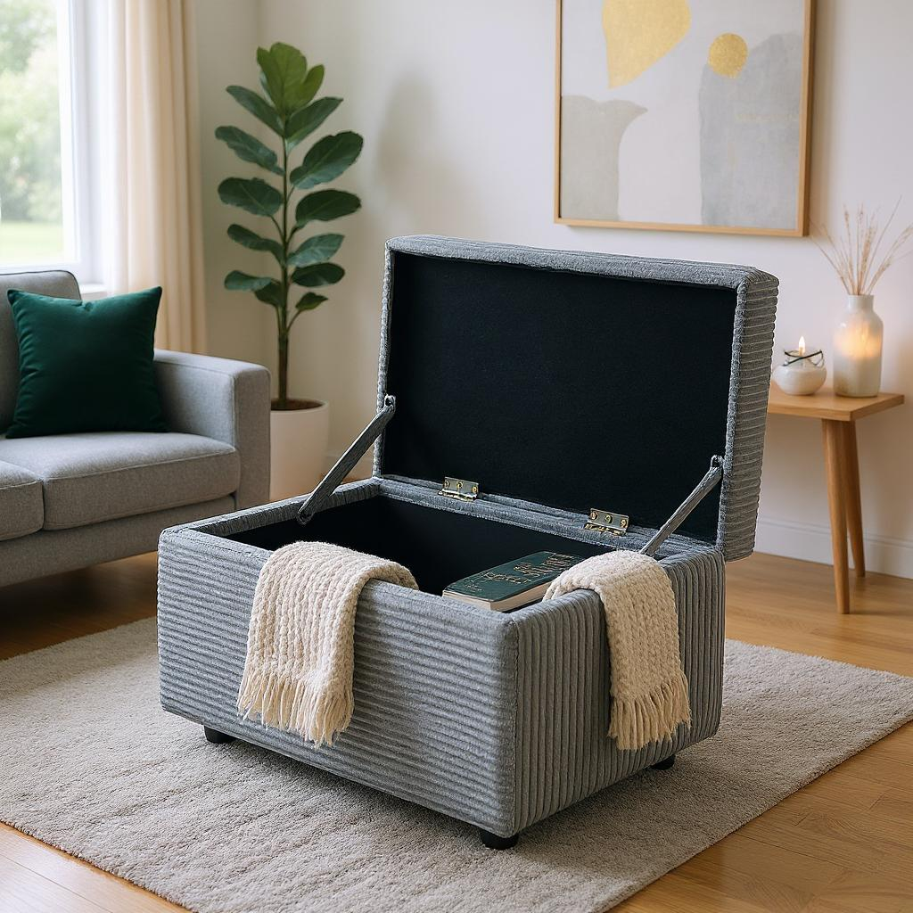 Dark Gray Corduroy Storage Ottoman Bench with Hidden Compartment – 24.8