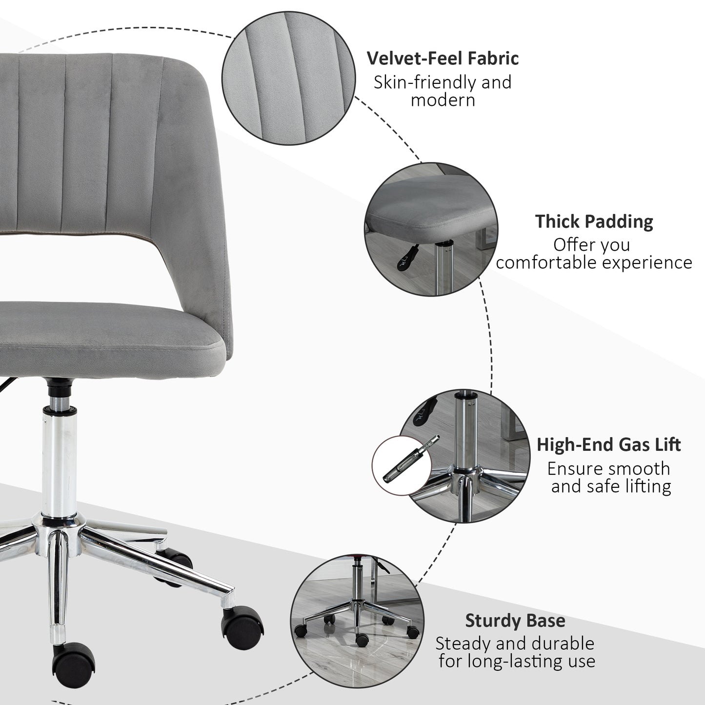 Modern Grey Velvet Office Chair – Adjustable Height, Swivel Base & Scallop Backrest