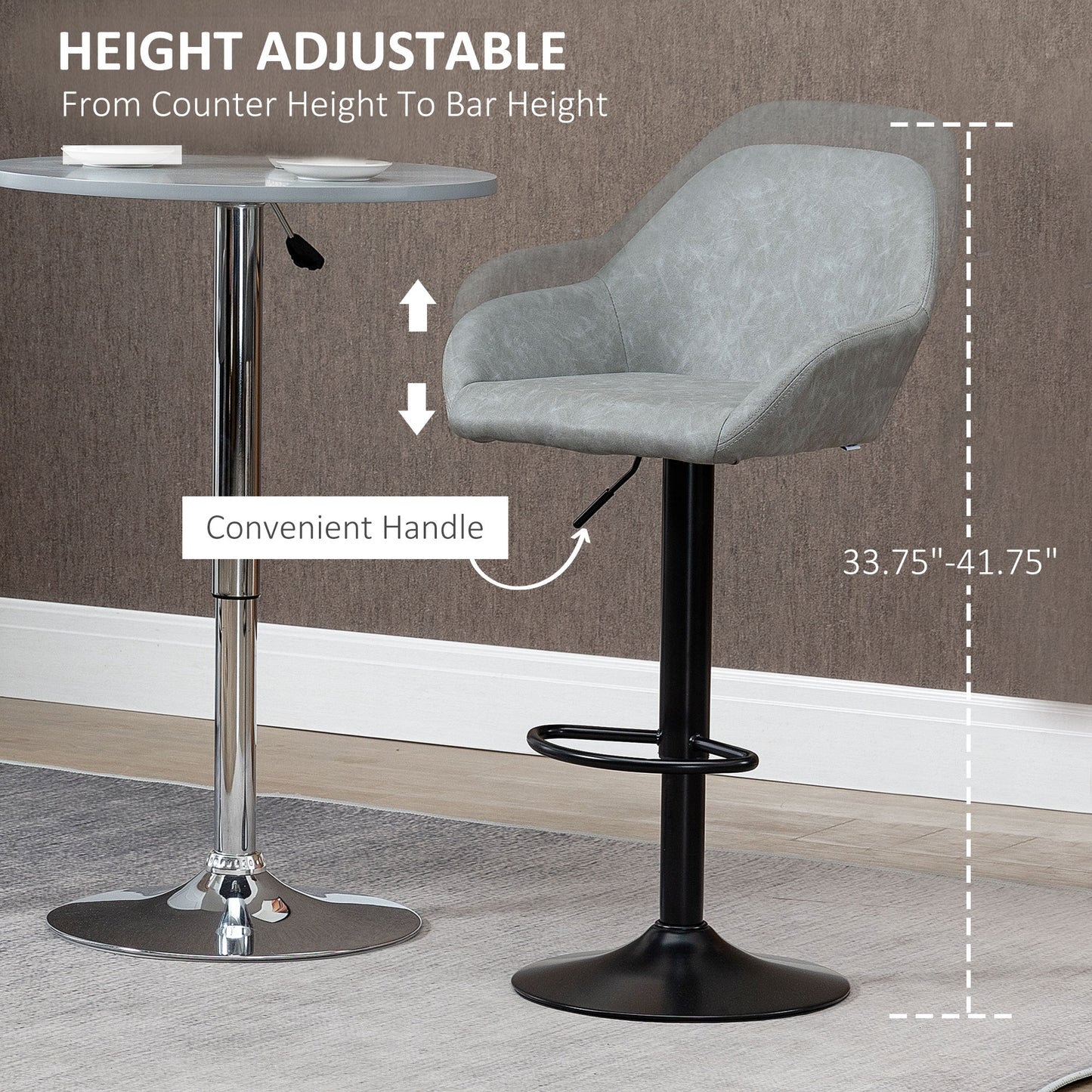 Set of 2 Grey PU Leather Adjustable Swivel Bar Stools with Footrest – Modern Counter Chairs