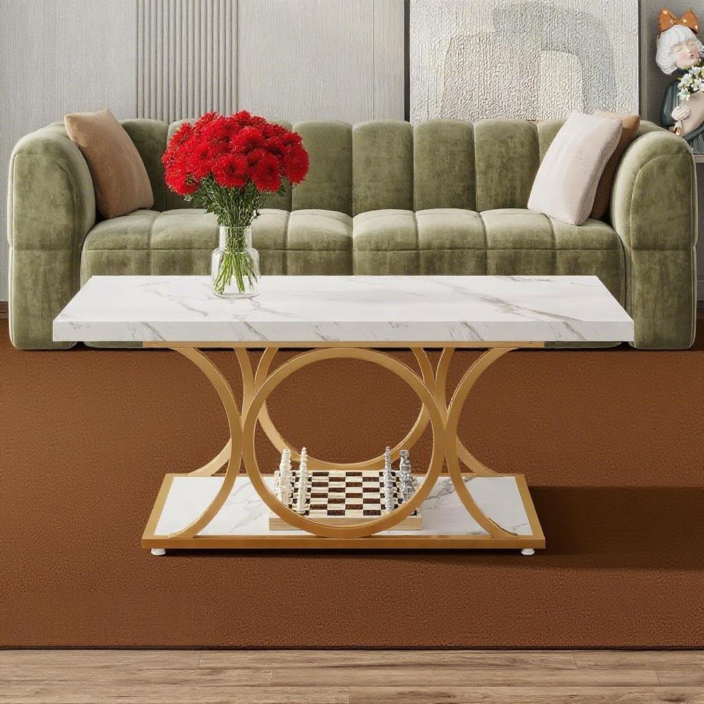 White Marble Coffee Table with Gold Frame – Luxury Modern Living Room Table