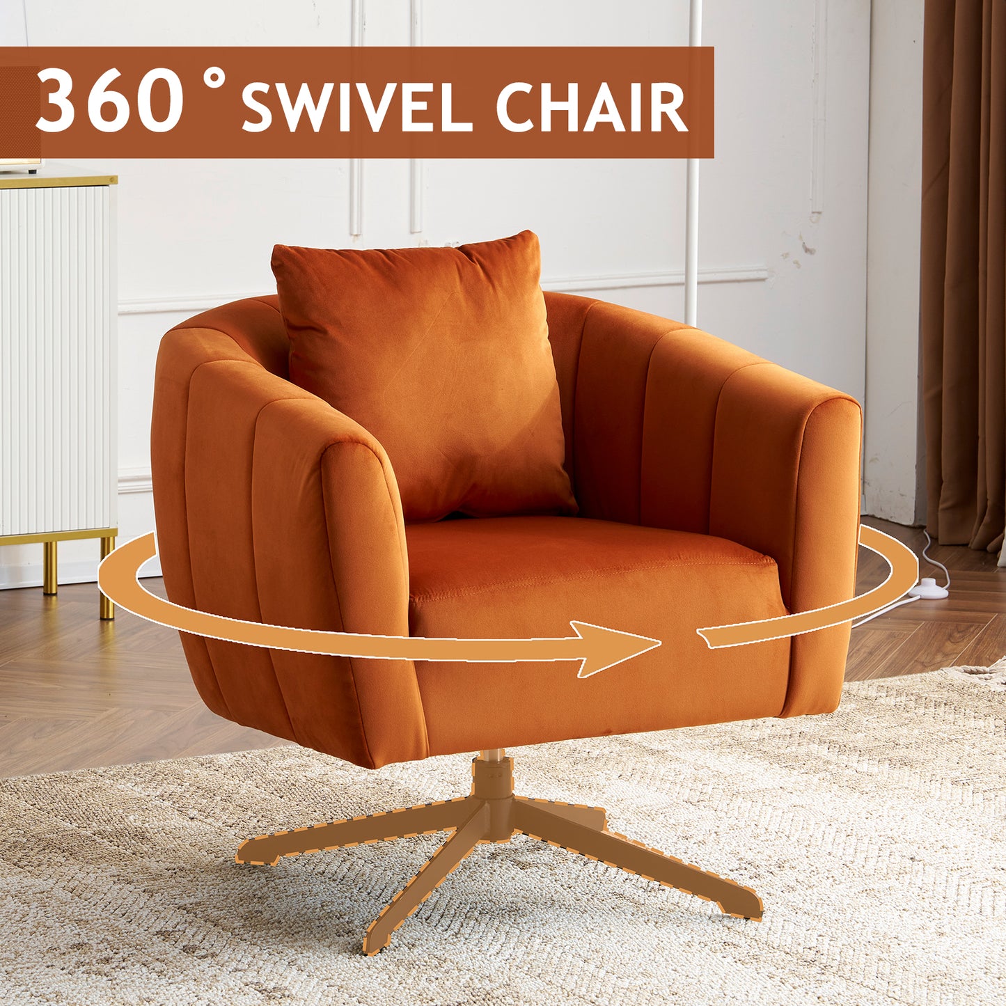 360° Swivel Velvet Accent Chair with Fluffy Cushion – Burnt Orange
