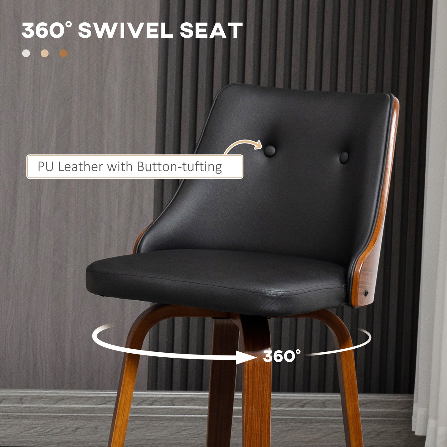 Set of 2 Black PU Leather Wingback Swivel Bar Stools with Tufted Back & Footrest