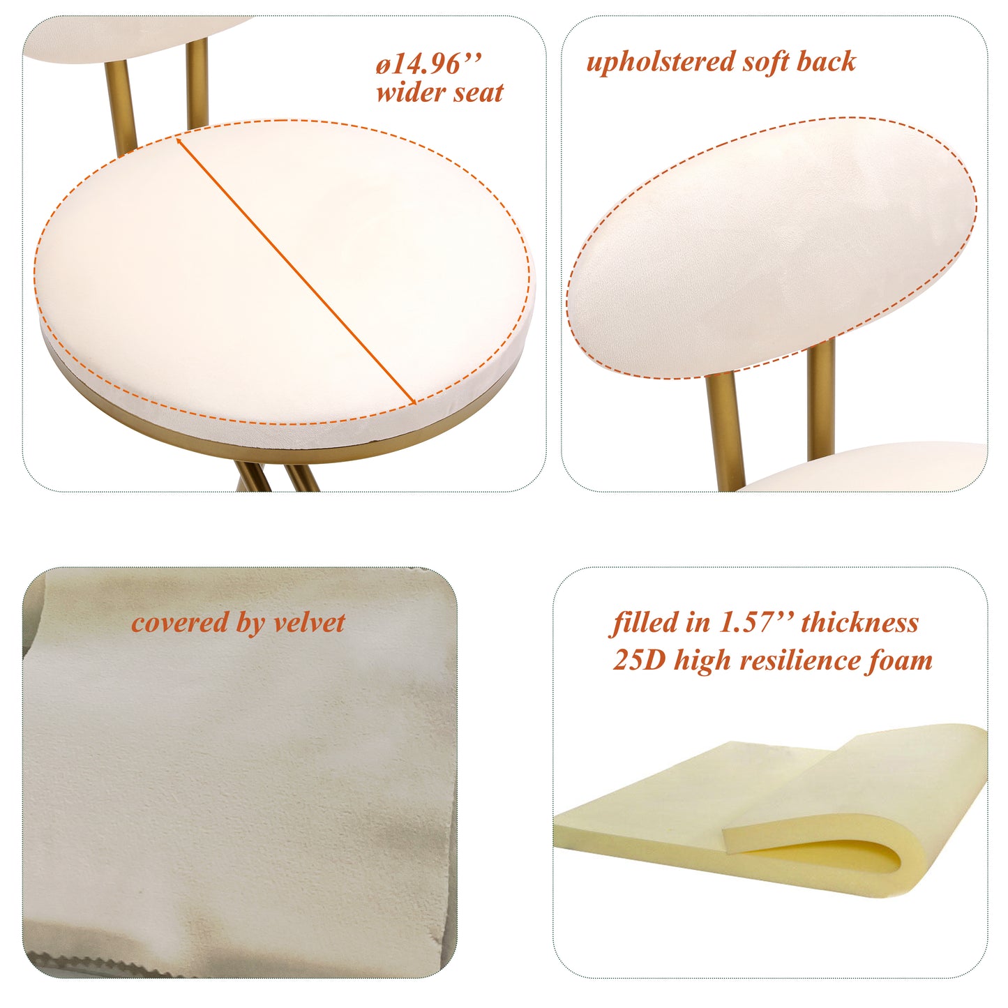 Set of 2 Velvet Round Bar Stools with Back – Gold & Cream Upholstered Counter Chairs