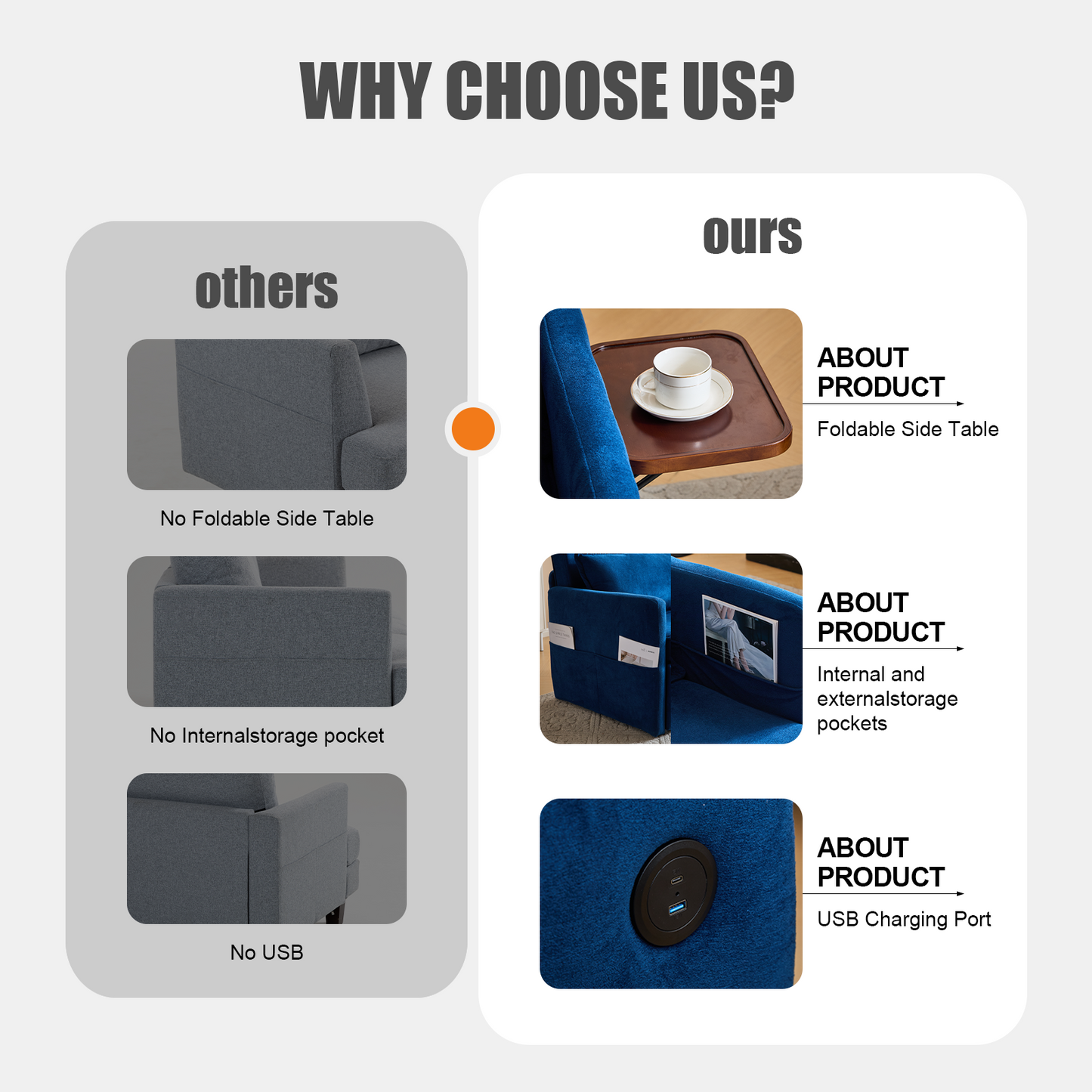 3-in-1 Sleeper Chair Bed with USB Tray, Blue Fabric Convertible Sofa