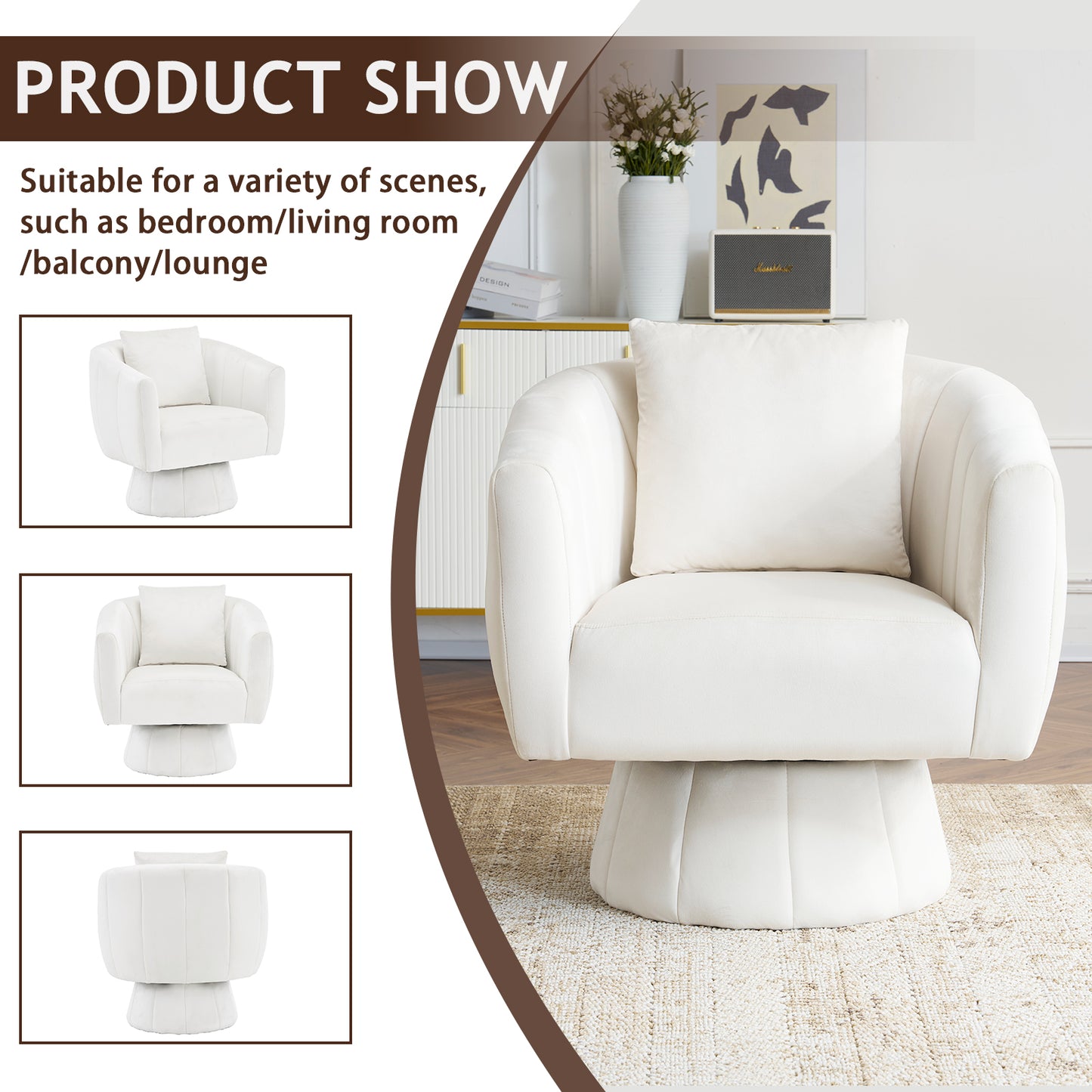 360° Swivel Velvet Accent Chair with Fluffy Cushion – Off White