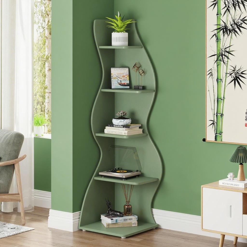 Bookcase Wavy 5-Tier Green Corner Bookshelf – Modern Sculpted Storage Rack