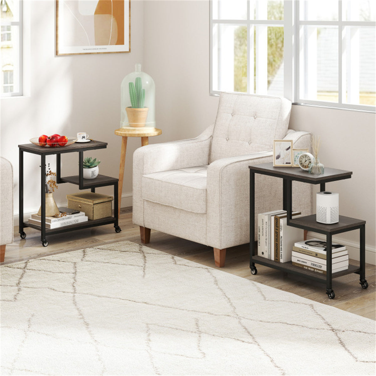 G-Shaped 3-Tier Gray End Table with Wheels – Mobile Storage Side Table