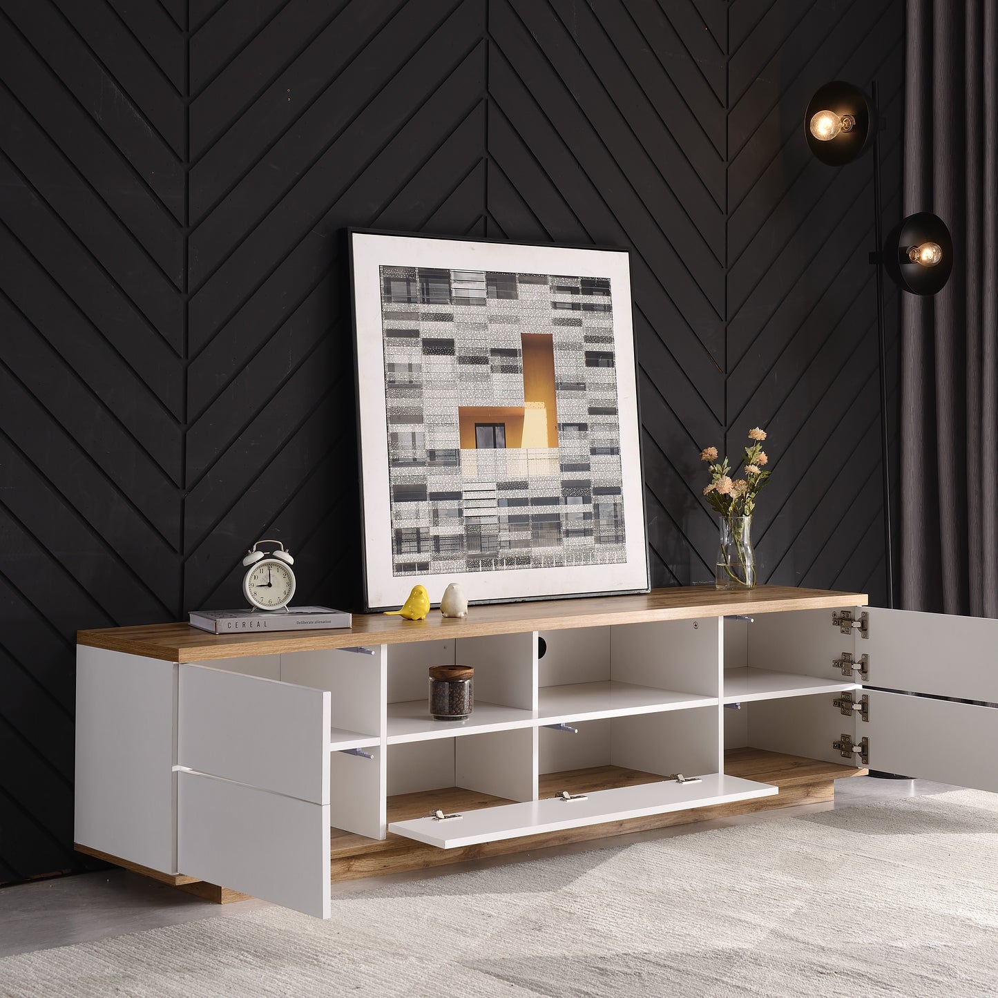 Modern TV Stand for 80'' TVs, Media Console with Storage & Rebound Doors