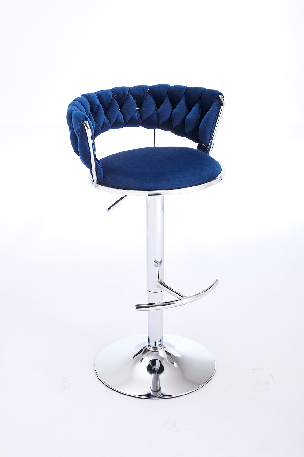 Set of 2 Blue Velvet Bar Stools with Chrome Base & Swivel Adjustable Height