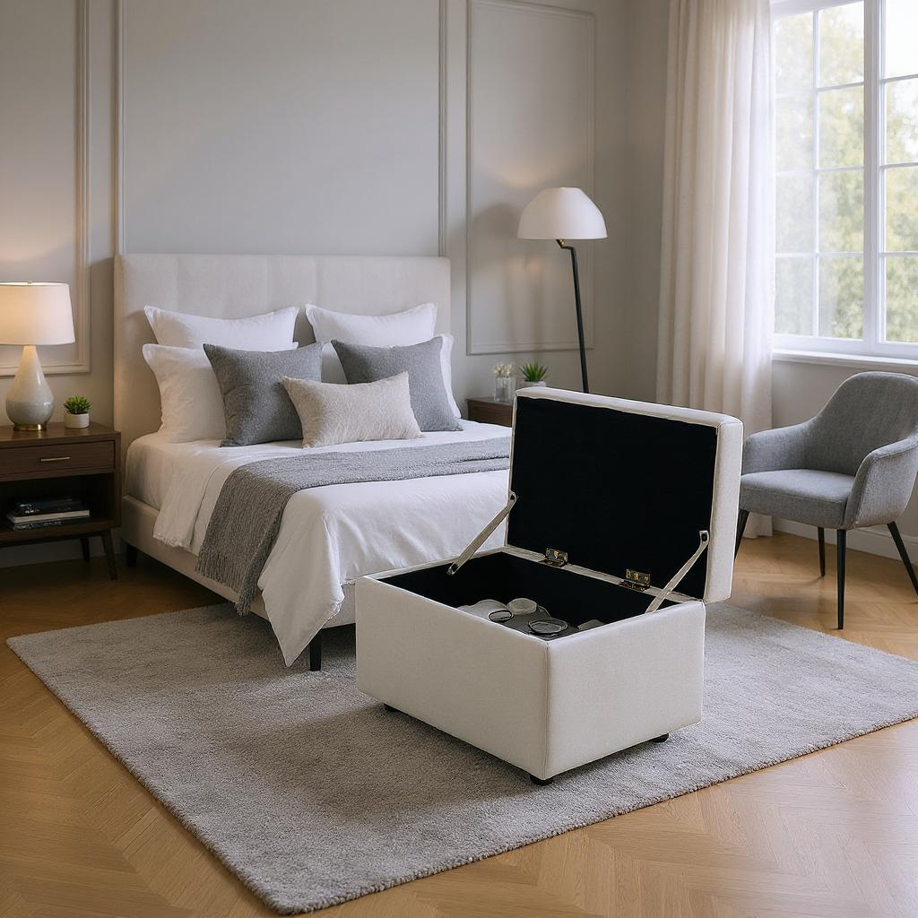 Beige Linen Storage Ottoman Bench with Hidden Compartment, 63×43×43cm