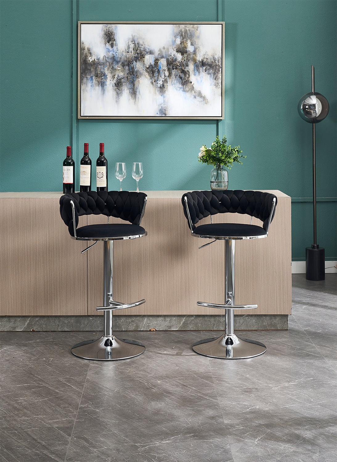 Set of 2 Black Velvet Bar Stools with Chrome Base & Swivel Adjustable Height