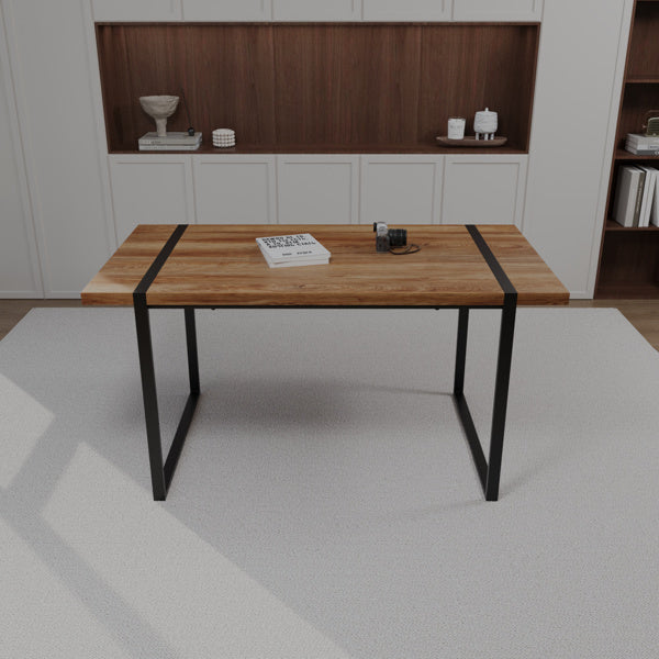 59" Wood Dining Table Set w/ 4 Suede Chairs | Industrial Metal Frame Design