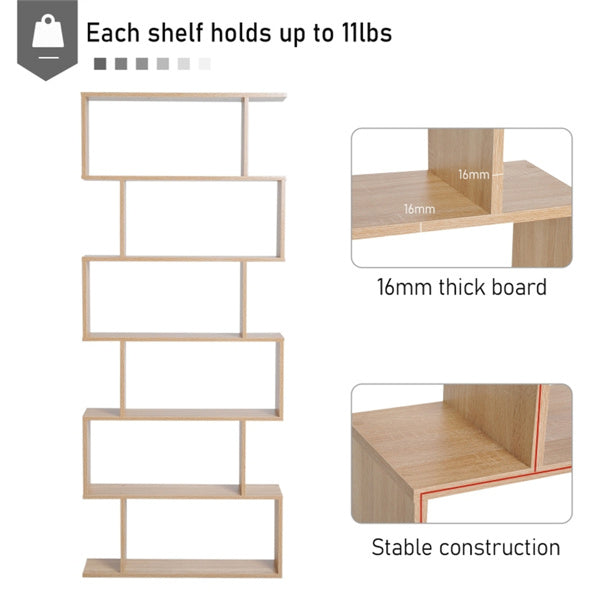 S-Shaped 6-Tier Oak Bookcase | Modern Display & Storage Shelf Cabinet