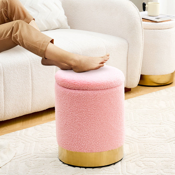 Teddy Velvet Round Ottoman Stool with Storage, Padded Seat, Metal Base, Pink