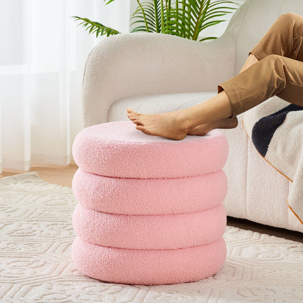 Round Shape Storage Ottoman Stool with Flip Tray, Vanity & Footrest Chair, Pink