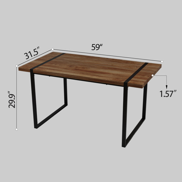 59" Wood Dining Table Set w/ 4 Suede Chairs | Industrial Metal Frame Design
