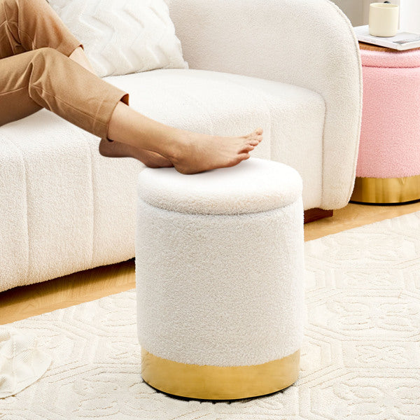 Teddy Velvet Round Ottoman Stool with Storage, Padded Seat, Metal Base, White