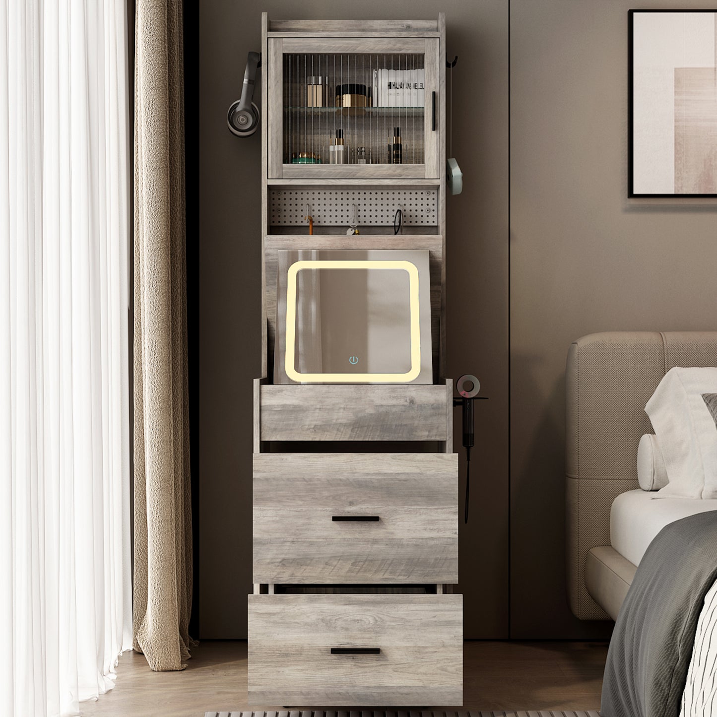 Compact Vanity Desk with Mirror, LED Lights, Charging Station & Stool, White