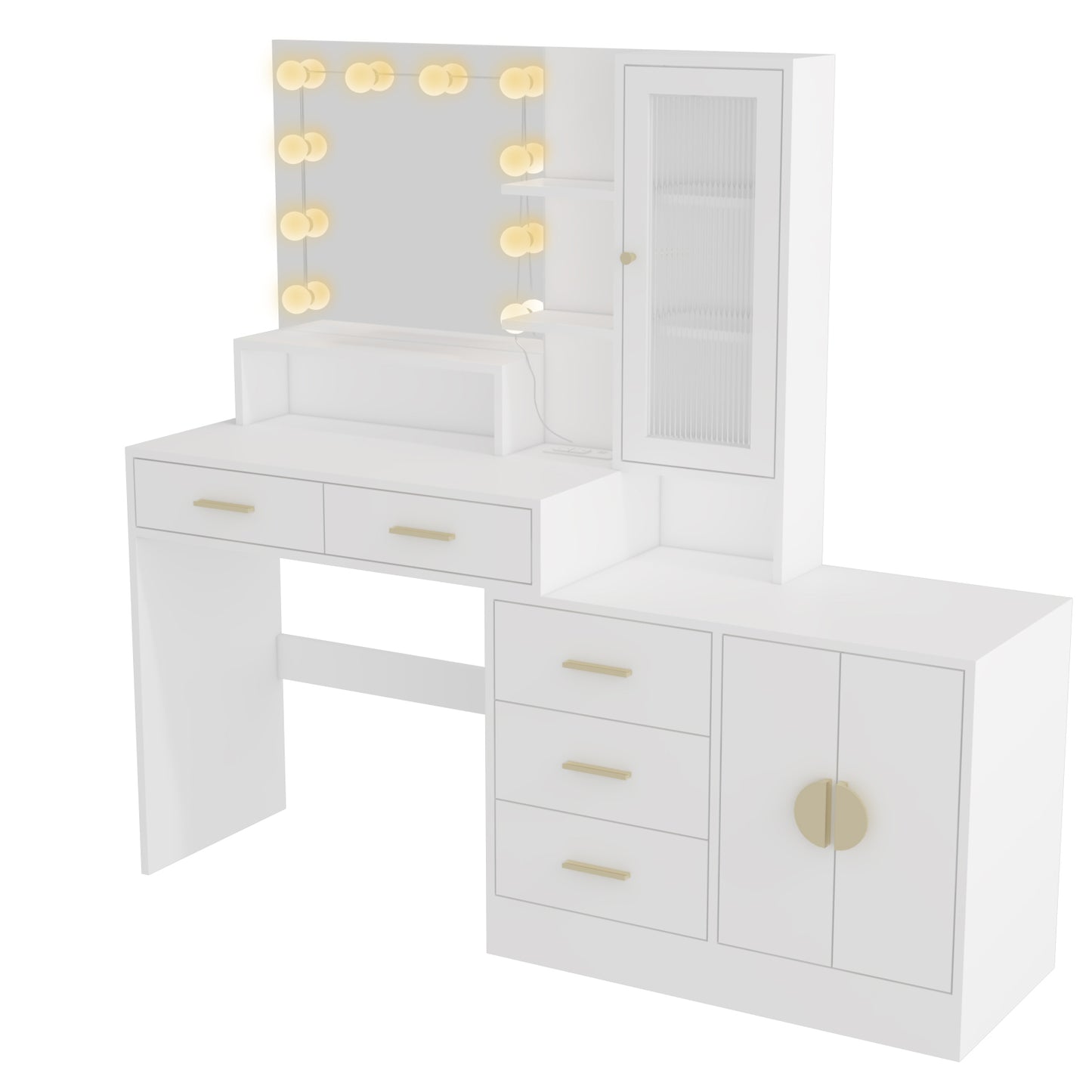 Large Vanity Table with Mirror, LED Lights, Drawers & Charging Station, White