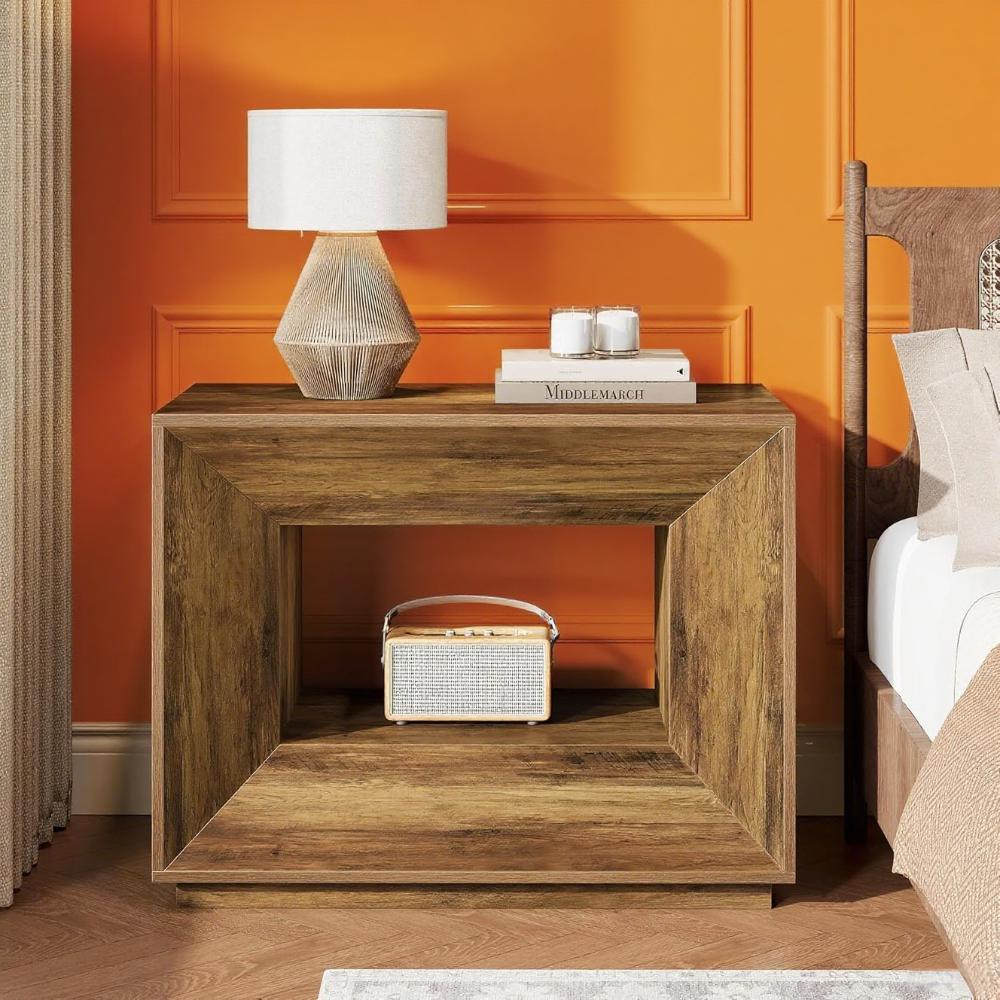 Mid-Century Rustic Coffee Table with 2-Tier Shelves – Oversized End Table