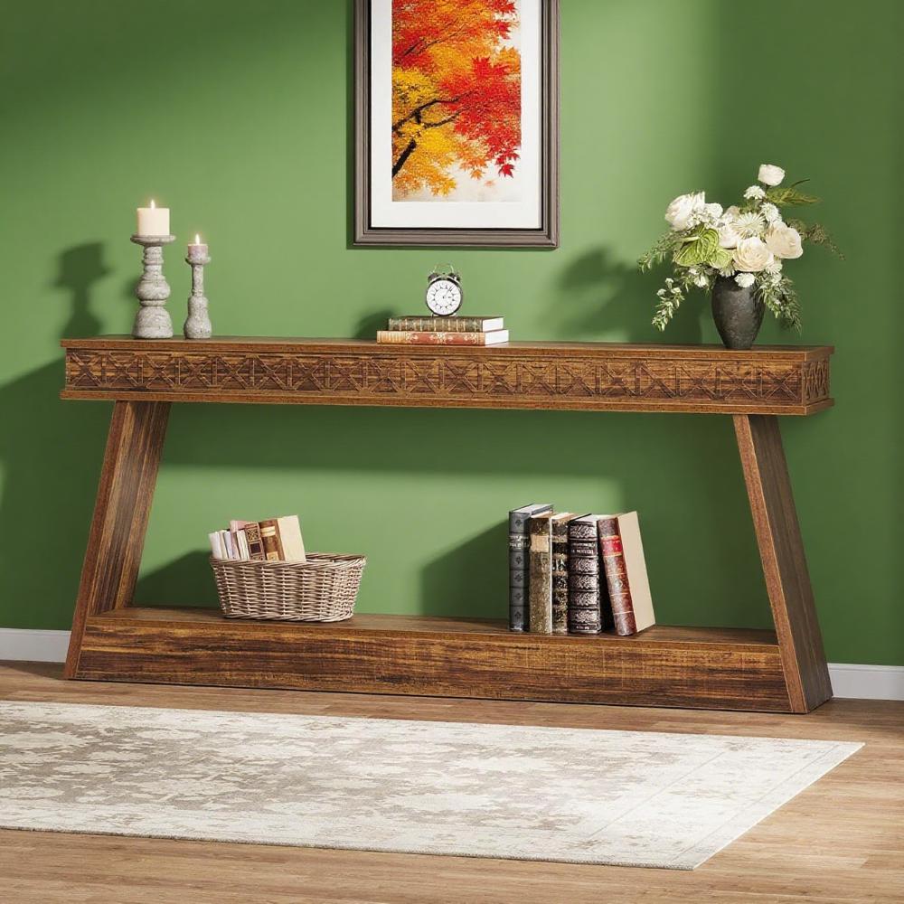 Dark Brown 2-Tier Long Console Table – Rustic Farmhouse Entryway & Sofa Display
