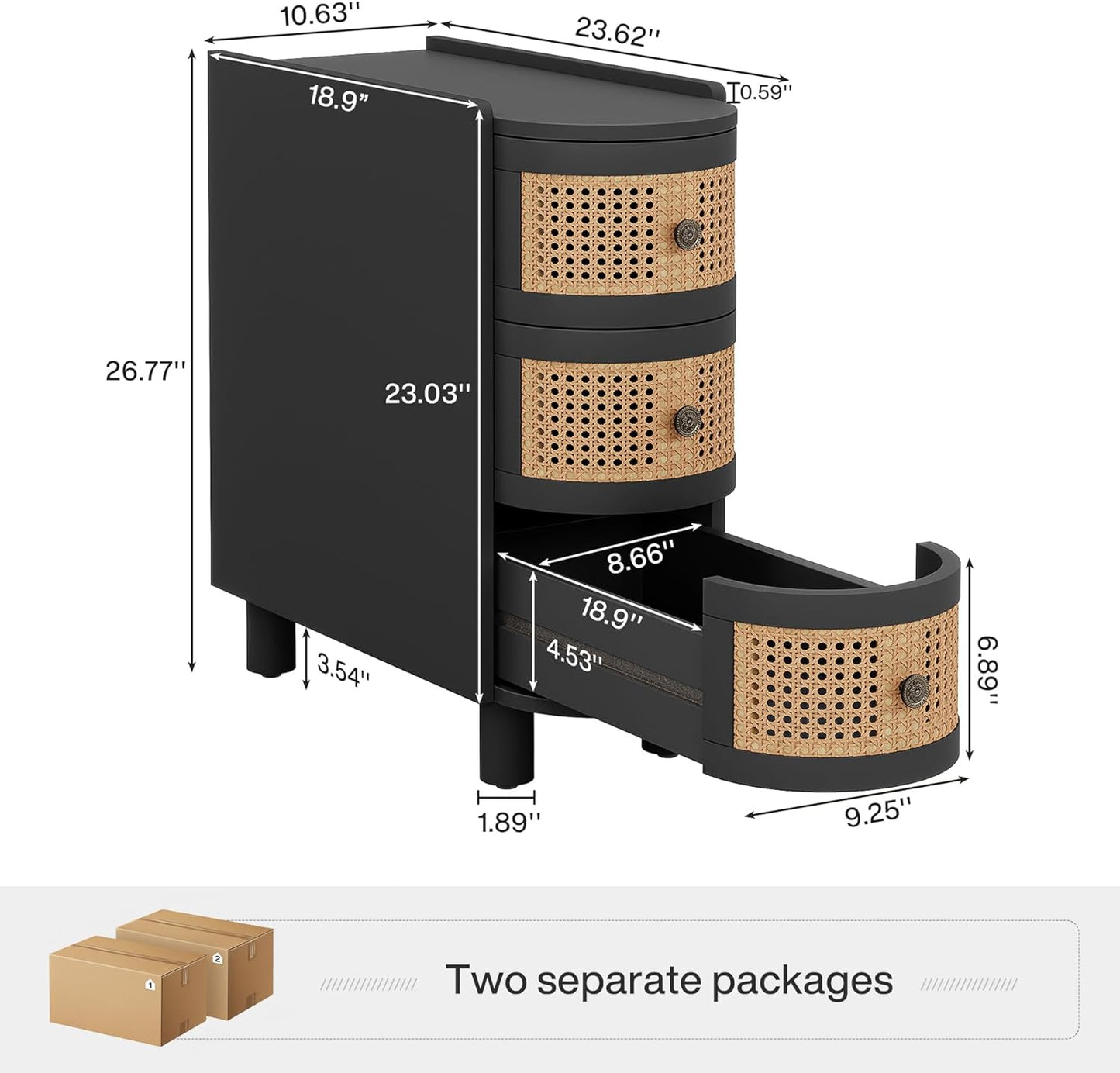 Rattan 3-Drawer Coffee Table with Vintage Metal Handles – Rustic Storage End Table
