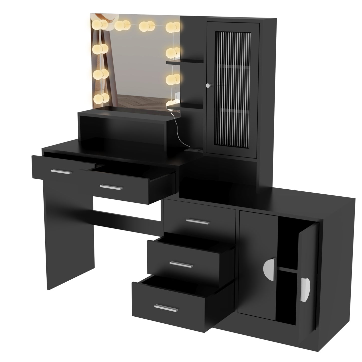 Large Vanity Table with Mirror, LED Lights, Drawers & Charging Station