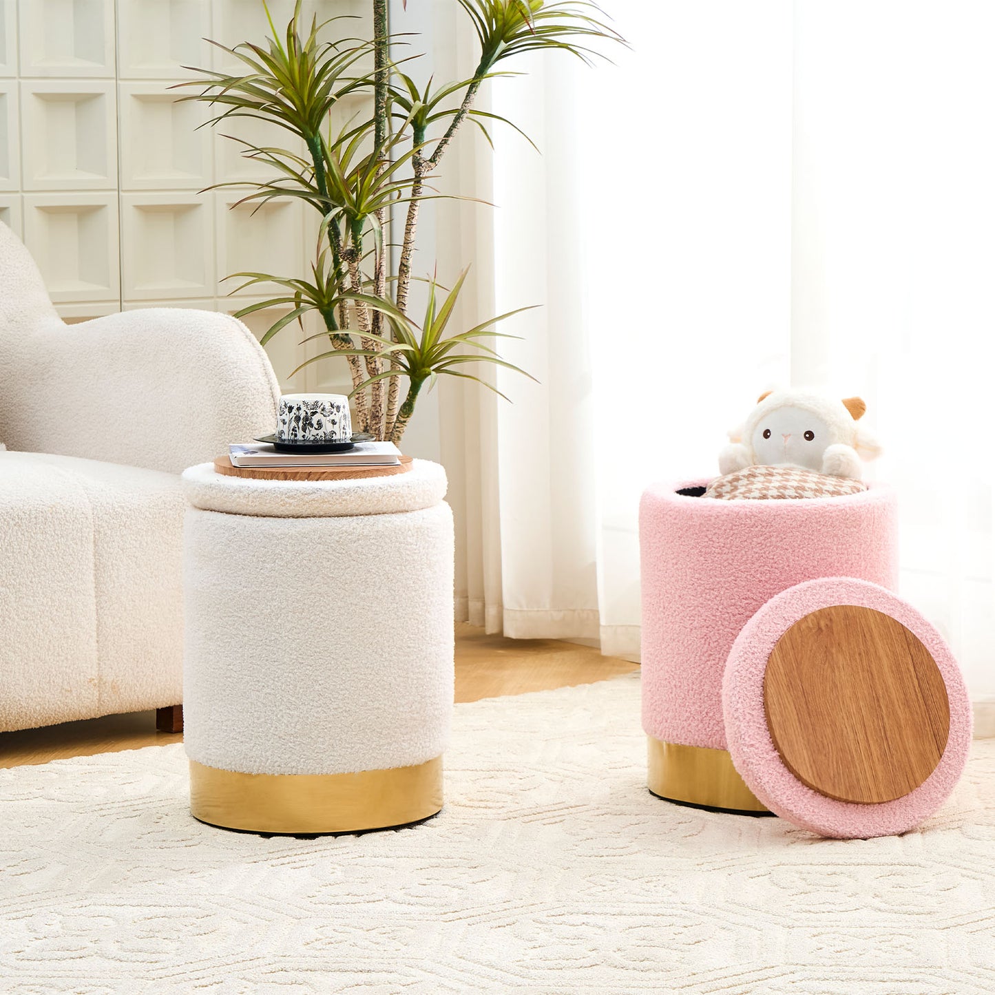 Teddy Velvet Round Ottoman Stool with Storage, Padded Seat, Metal Base, Pink