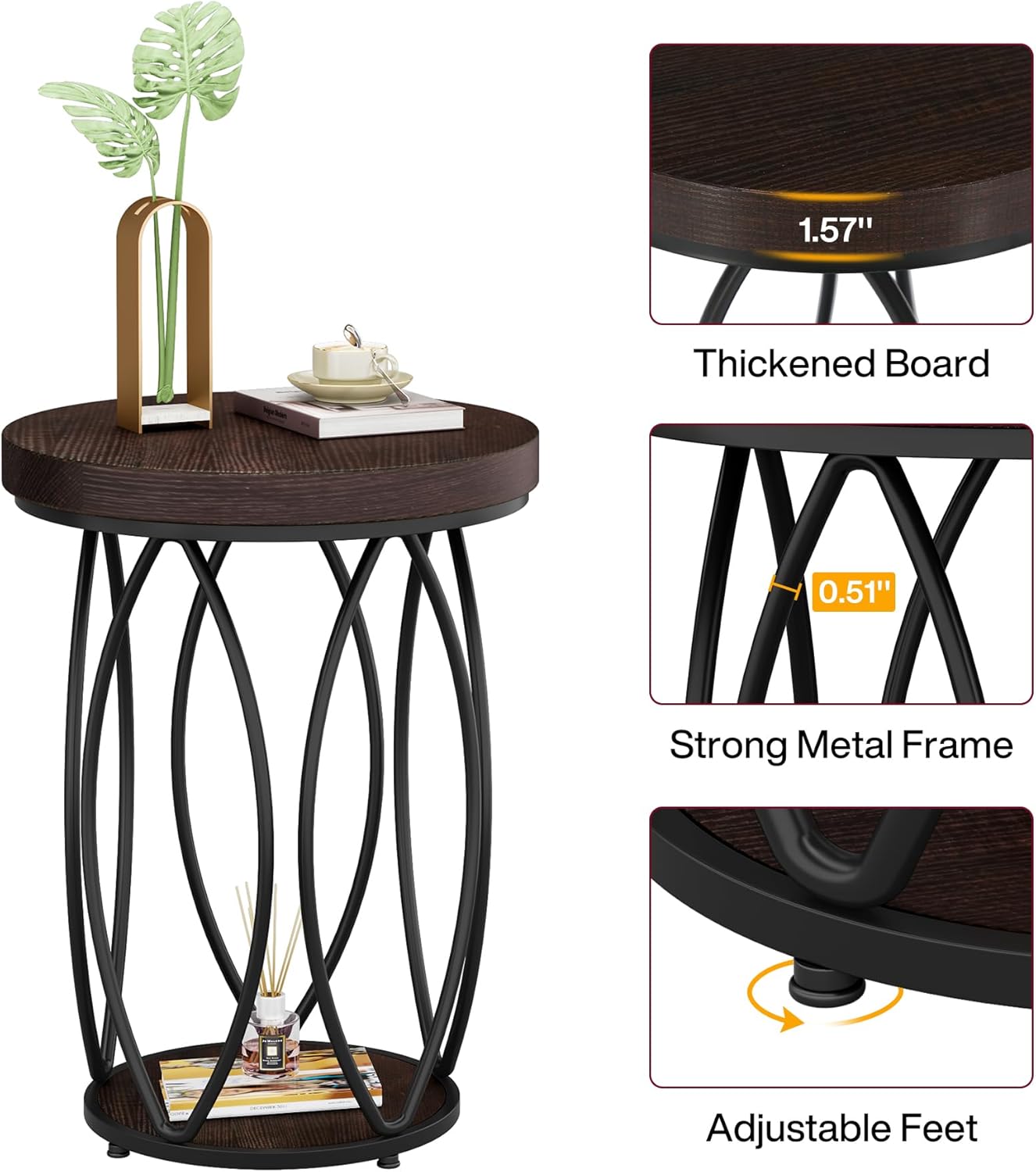 Rustic Round Coffee Table with Metal Frame & Storage Shelf – Industrial Side Table