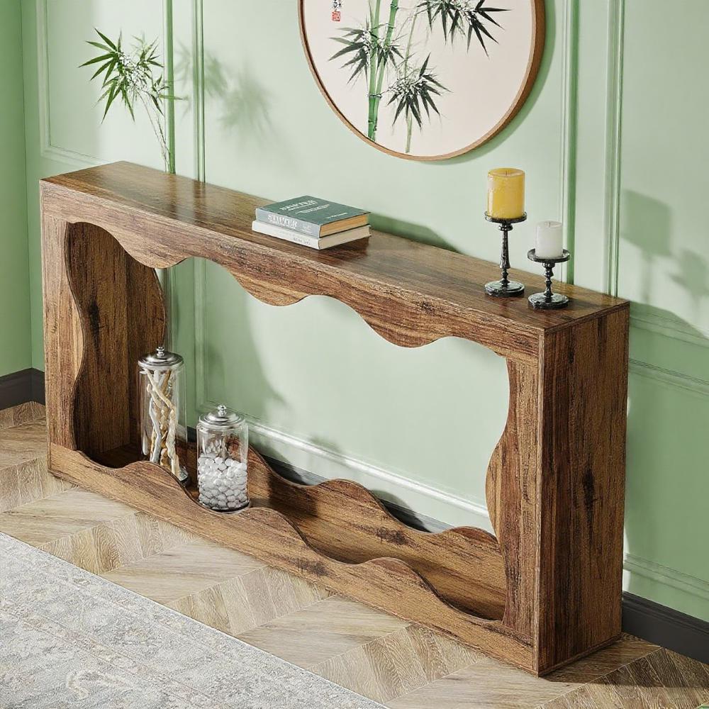 63" Farmhouse Wavy Scalloped Console Table – 2-Tier Entryway & Sofa Table