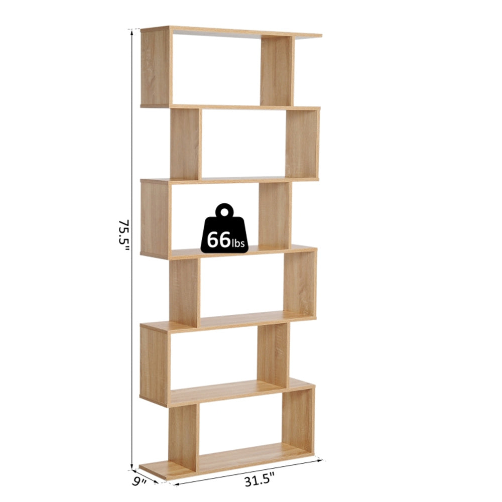S-Shaped 6-Tier Oak Bookcase | Modern Display & Storage Shelf Cabinet