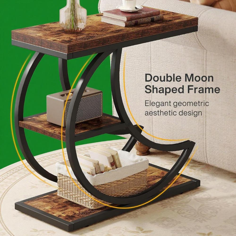 Rustic Industrial 3-Tier Coffee Table with Metal Frame – Narrow End Table Stand